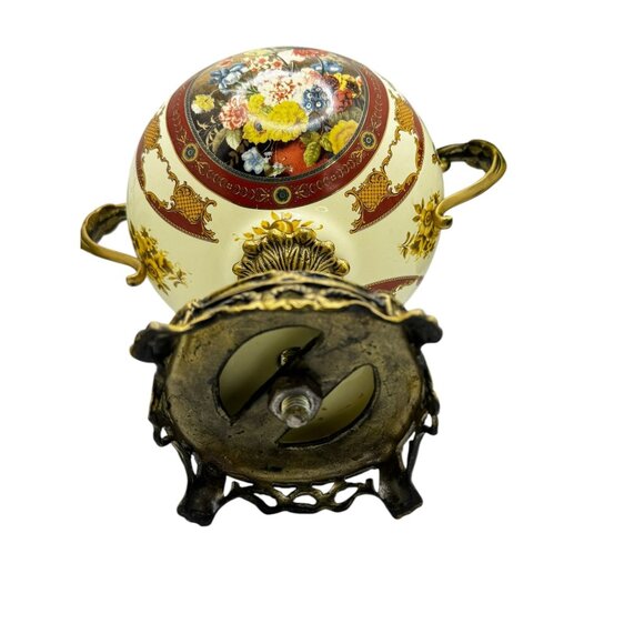 Vintage Ornate Porcelain & Brass Lidded Urn With Floral Motif & Dual Handles - Picture 8 of 11